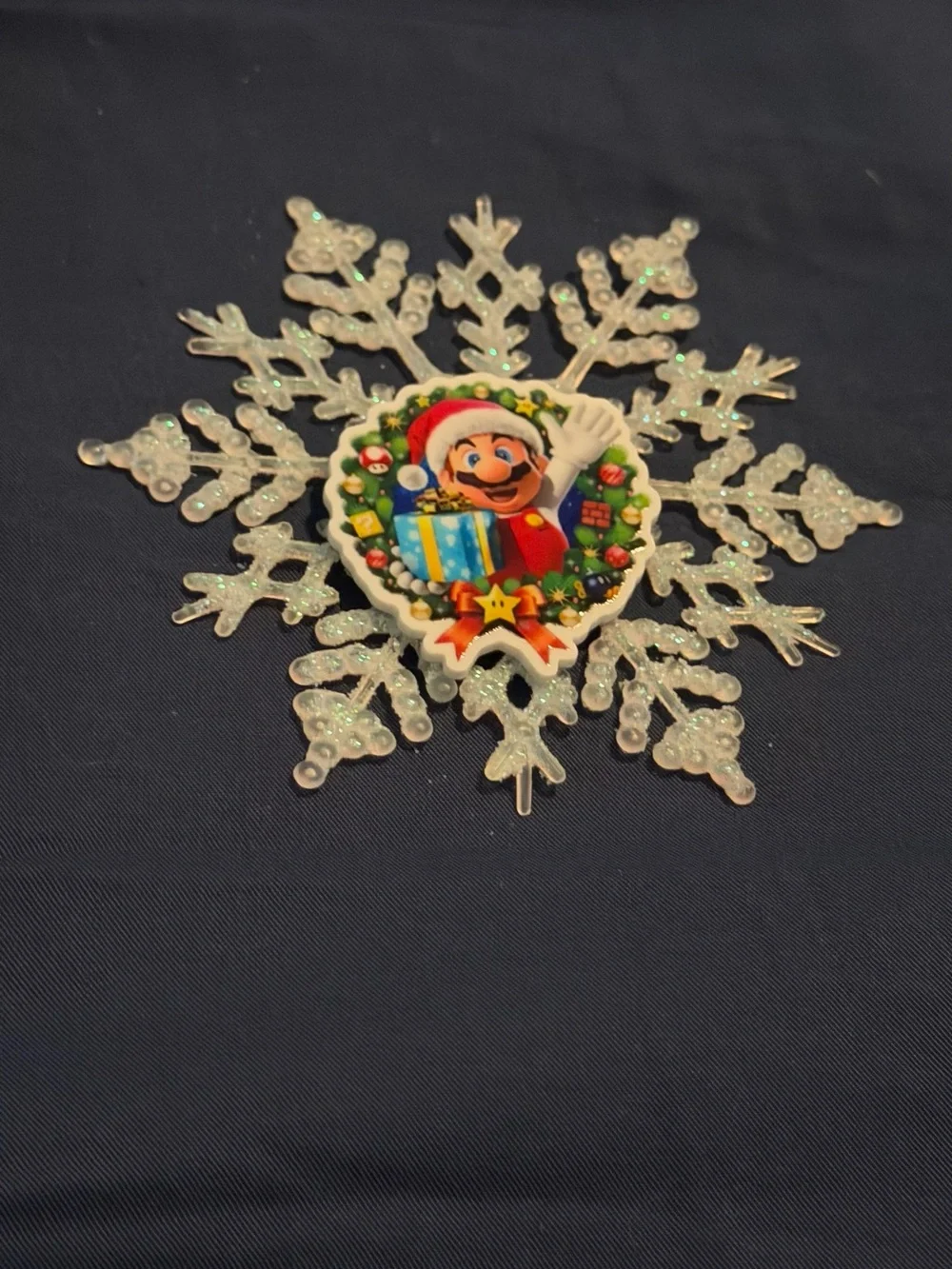Mario Holiday Snowflake Ornament - White Glitter